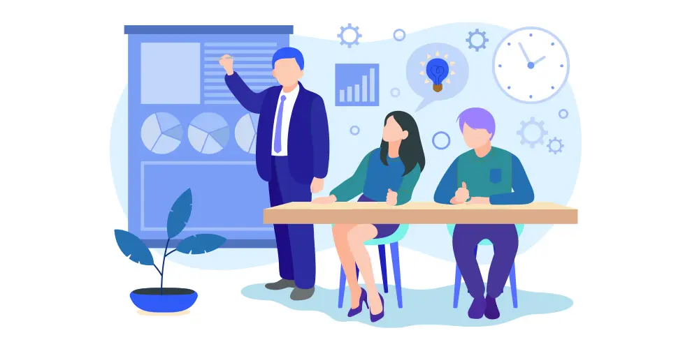 Asesor haciendo una presentación con diapositivas a dos clientes